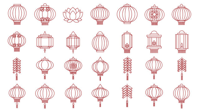 Chinese lantern icons set with traditional paper lamps firecrackers and oriental festive elements vector illustration