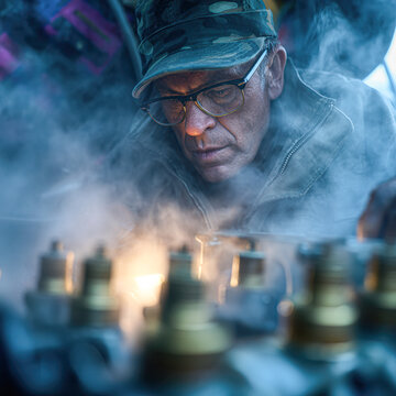 An older man in glasses and a camo cap intently works on machinery, surrounded by smoke and dramatic lighting.