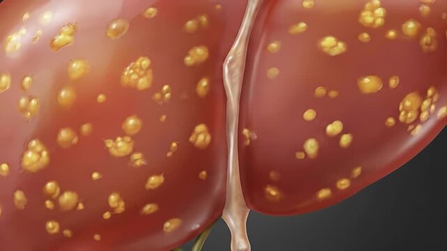 Human liver organ, severe fatty accumulation, medical pathology, metabolic health problem, unhealthy internal condition, serious hepatic disease, anatomical damage