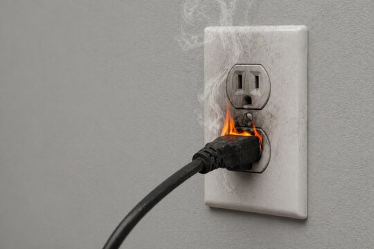 Smoking and burning electrical outlet with power cord plugged in to wall socket.