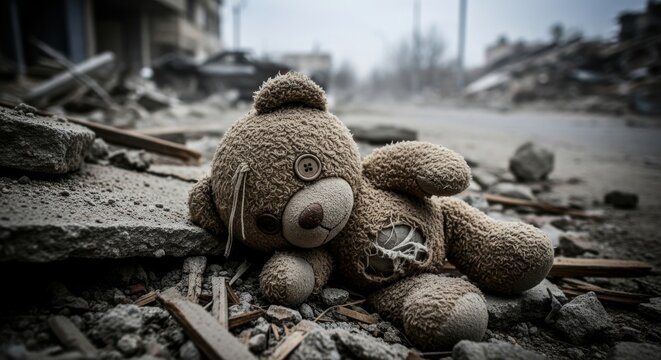 Abandoned teddy bear amidst war-torn ruins