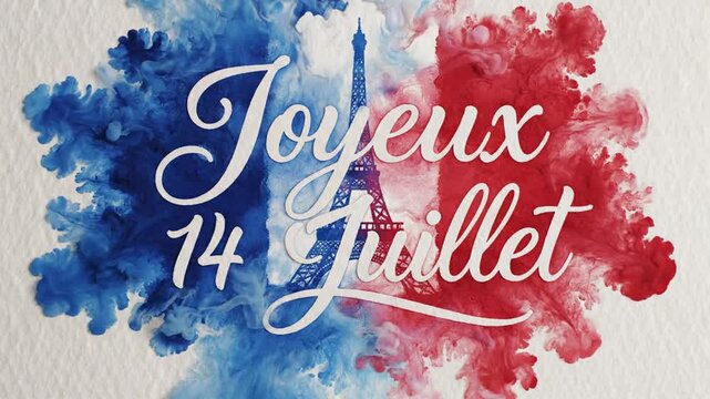 Happy Bastille Day celebration with Eiffel Tower silhouette and French flag colors in vibrant watercolor splashes