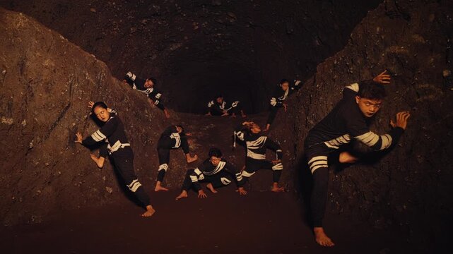 A dance troupe in striking costumes holds dramatic, tense poses along the walls of a narrow, dark cave. The scene evokes a feeling of being trapped, a primal instinct, or an ancient tribal ritual.