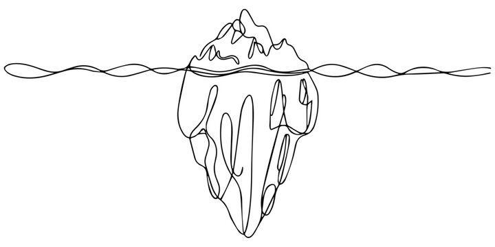 One continuous line illustration of an iceberg, isolated on white background, Continuous line drawing of floating iceberg ice mountain editable stroke sketch vector illustration, One continuous line