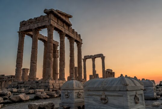 Ancient marble sarcophagi and temple ruins bathed in the warm glow of sunset