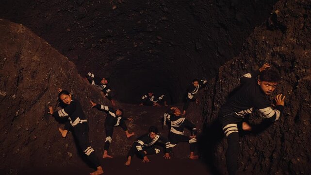 A slow pan reveals a group of performers in unique costumes, frozen in contorted poses inside a dark, claustrophobic canyon. This theatrical piece conveys mystery, tension, and ancient rituals.