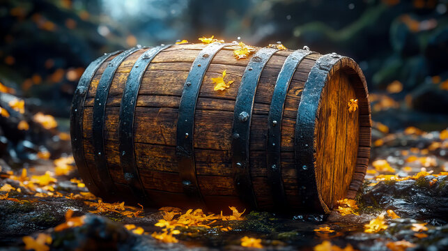 Rustic, weathered wooden barrel with dark metal bands lies tilted on forest floor, surrounded by fallen golden autumn leaves and moss-covered rocks, illuminated by soft, diffused natural light in whim