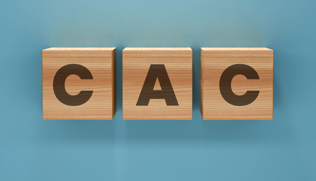 CAC in wooden blocks: Three wooden blocks, artfully arranged, spell out CAC, forming an eye-catching visual against a light blue backdrop, perfect for concepts