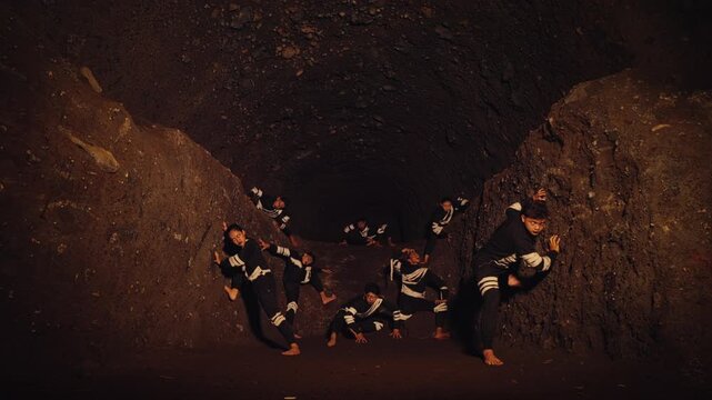 A wide shot of a group of performers in matching black and white outfits, holding dynamic poses inside a dark, earthy cave. The scene is mysterious and dramatic, suggesting a tribe or cult.