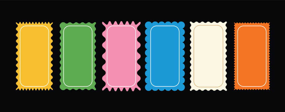 A collection of rectangle frames with wavy edges. zigzag wavy edges, retro squiggle frames, psychedelic rectangles, photo frames, text boxes, tags, labels. Set of zigzag and colorful shapes.