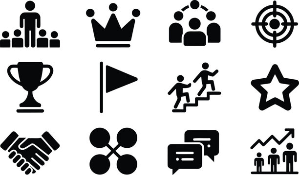 Collection of business leadership icons featuring team building communication growth charts and career advancement target symbols
