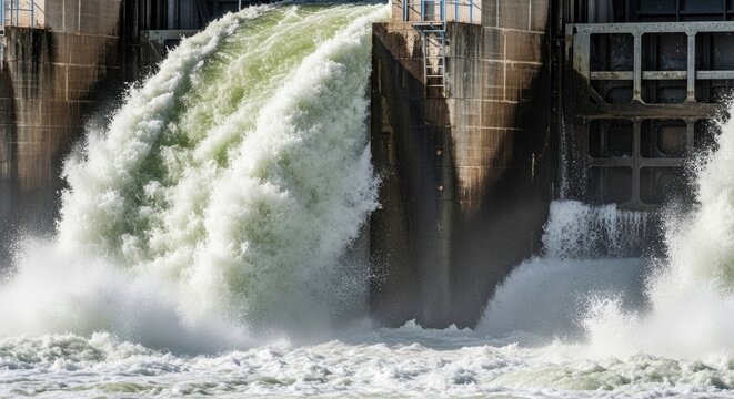 Hydroelectric Dam Releasing Water Through Spillway at Sunset