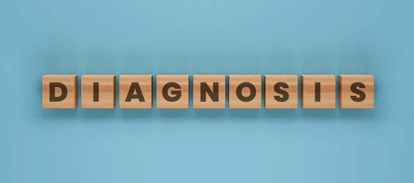 Diagnosis Written in Block Letters: The word diagnosis spelled out in neat, block letter cubes, arranged in a straight line against a calm blue backdrop, representing medical assessment.