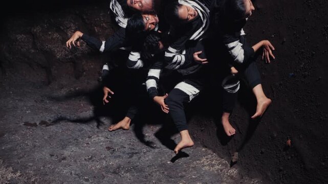 From above, a group of dancers with intense makeup lies together, moving as one. The camera slowly moves, capturing their emotional and powerful performance of unity, pain, or spiritual connection.