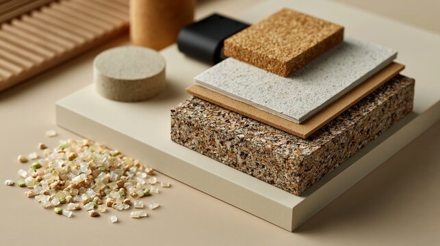 Circular economy materials selection with bioplastic pellets, recycled paper, cork, and chipboard