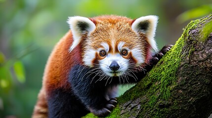 Obraz premium Red panda climbing a moss-covered tree, agile, unique, misty forest