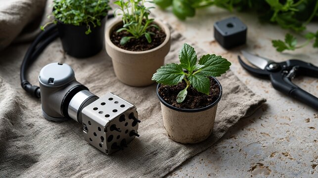 Horticulture robot gripper with seedling pots, pruning tools, and sensor unit on linen and stone