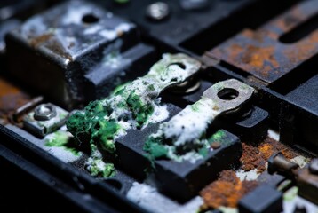Fototapeta premium Extreme Macro Close-up of Corroded Battery Terminals with Green and White Buildup