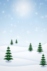 Obraz premium Merry Christmas Landscape New Year Card Background with Sunlight and Green Pines
