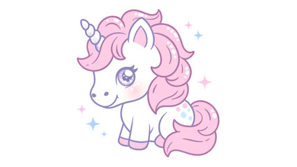 Pink cartoon unicorn with rainbow mane and tail standing on grass field icon vector Vector © Lota