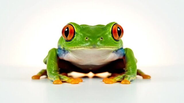 Eye-level close-up of a vibrant green red-eyed tree frog facing the camera against a bright white background