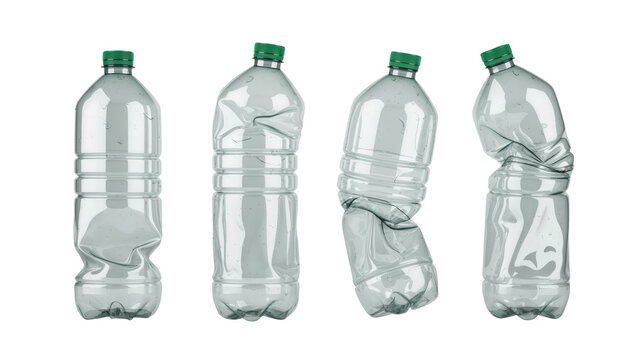 Four crumpled transparent plastic water bottles with green caps varying in deformation on transparent background