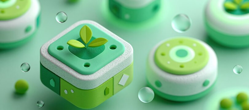 Minimal 3D floating plant modules and rounded robot forms for agri - tech backgrounds
