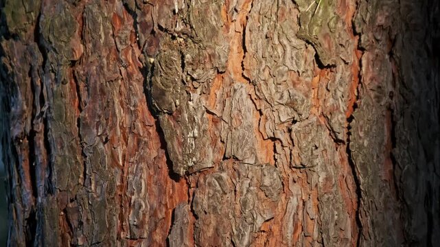 A vertical pan moves up the rough surface of a pine tree trunk revealing deep cracks and reddish bark scales. Concept of organic nature patterns, forestry backgrounds, and woodland texture.