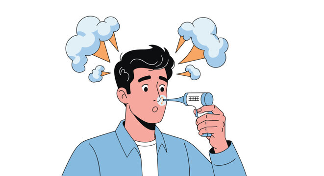 Man using an infrared ear thermometer to measure his body temperature while steam comes from his ears due to high fever.