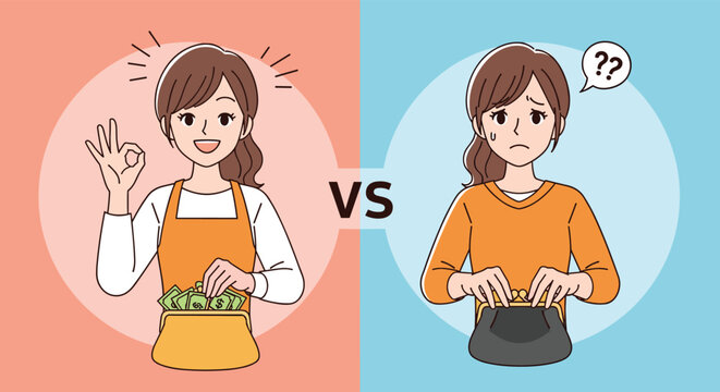 Comparative illustration showing a happy woman with a wallet full of cash versus a worried woman looking into her empty wallet for money.