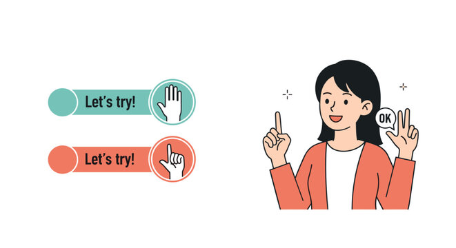 Smiling young woman makes hand gestures next to colorful buttons that say let us try to encourage experimentation and positive action.
