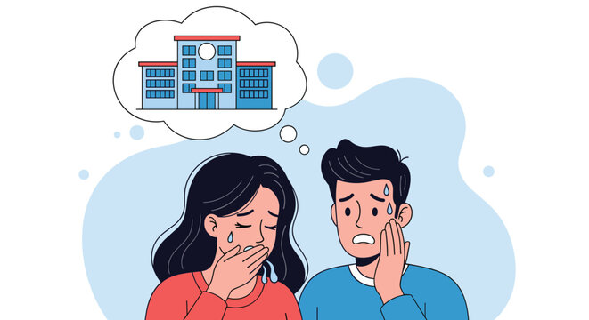 Anxious young couple looking worried while thinking about a clinic or hospital building for medical emergency or health checkup.