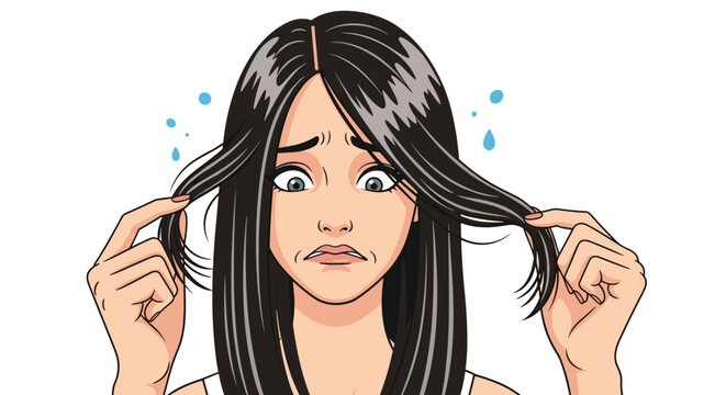 Young woman looking stressed and worried while touching her long black hair to check for grease or damage issues.