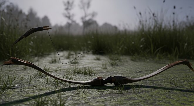 Broken Wooden Longbow in Wetlands