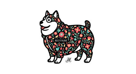 Fototapeta premium Artistic depiction of a happy Husky dog with floral pattern design.