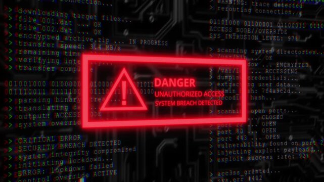 Cyber security breach warning interface with glitch effect, unauthorized access alert, digital hacker screen, binary code and circuit board background in dark futuristic style. High tech cybersecurity