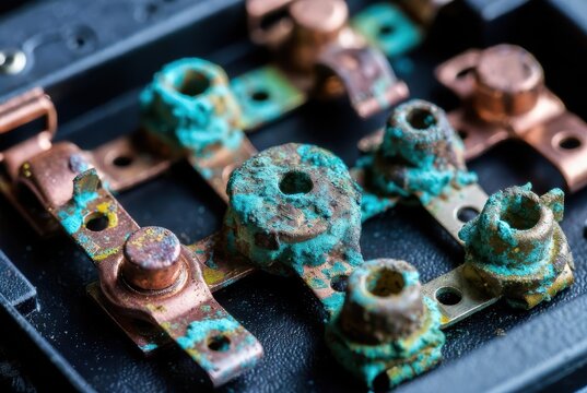 Macro shot of corroded copper electrical terminals with verdigris patina in a dark setting
