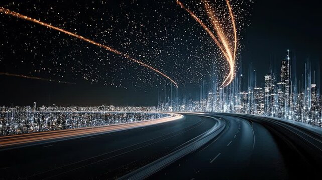 Seamless loop AI roadmap acceleration cityscape, high speed digital transformation concept.