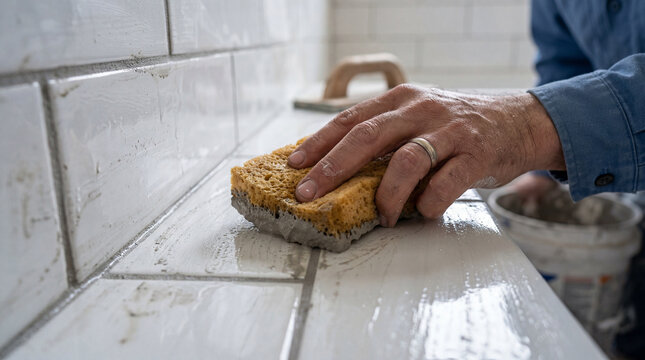 Grout cleaning on fresh white subway tiles a diligent hand at work refining the pristine surface after installation