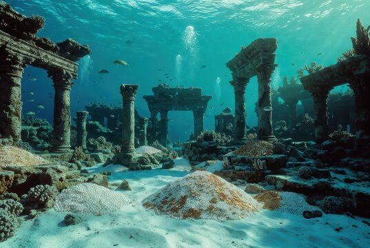 Ancient underwater ruins with coral, fish, and sunbeams illuminating the ocean floor