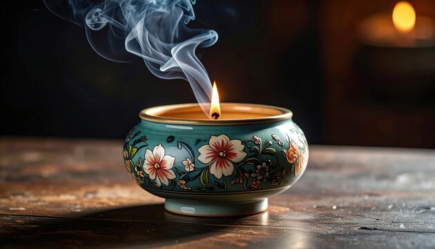 Ornate floral ceramic bowl burning with a scented candle releasing fragrant smoke