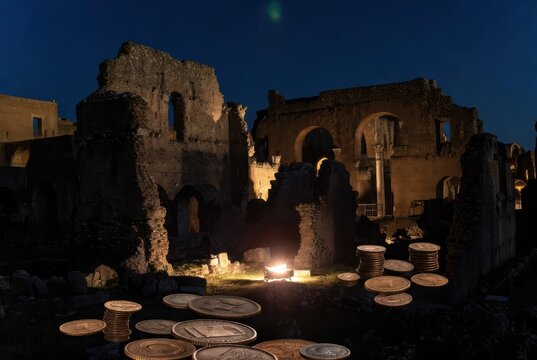 Ancient Roman ruins illuminated by firelight at night with stacks of gold coins