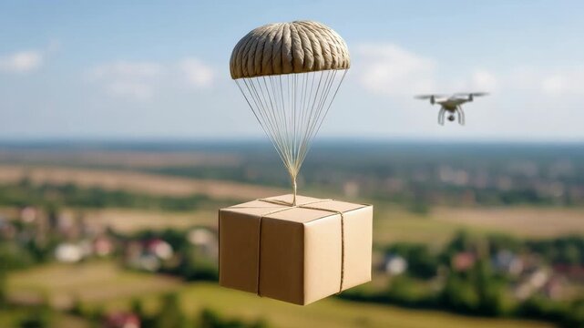 Tracking shot of drone and parachute package descending for delivery over rural countryside fields during daytime aerial approach