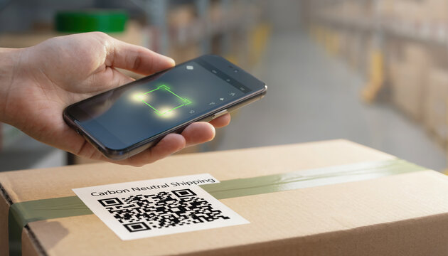 Smartphone hand qr code shipping box warehouse logistics barcode technology package delivery parcel carbon neutral eco friendly green shipping