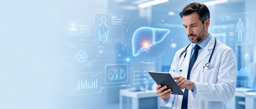 Doctor using a digital tablet with liver diagnostics and connected healthcare visuals, representing AR-assisted analysis, treatment planning, patient records, and modern medical technology