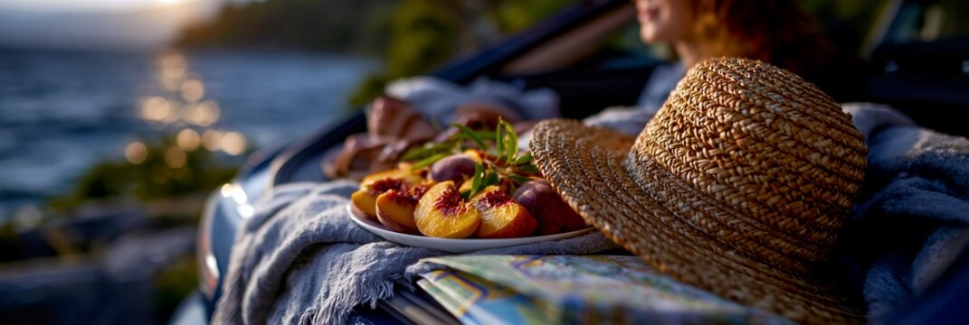 Open car trunk overlooking the sea with straw hat peaches and blanket at sunset