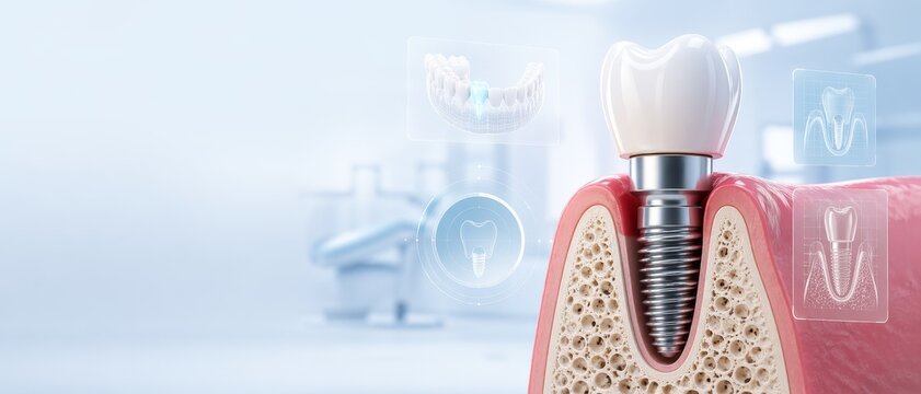 Single tooth implant concept with realistic dental restoration detail, highlighting oral surgery, prosthetic replacement, clinic treatment planning, and modern dentistry care