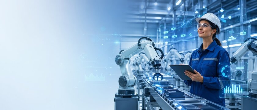 Female industrial engineer supervising robotic arms in a smart factory, illustrating automated manufacturing, real-time monitoring software, Industry 4.0 workflow, and future production systems