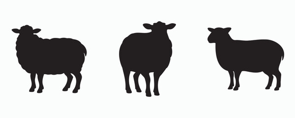 Black silhouettes of three sheep in different poses on a light background, minimalist farm animal icon set with clean flat shapes for agriculture, livestock, and rural themes. © MD Rokib Adobe