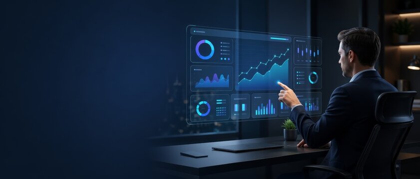 Business specialist using a holographic analytics dashboard in a dark modern office while reviewing performance metrics, for analytics, reporting, and intelligent management